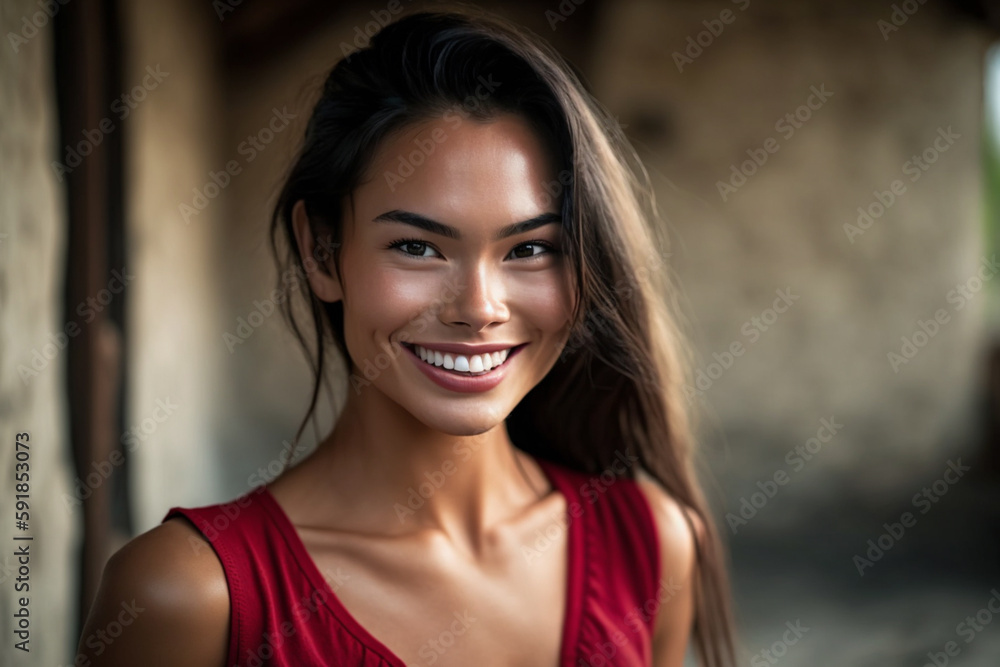 young adult woman multi-ethnic tanned asian looking woman wears a shirt, indoor, with a smile, fictional place. Generative AI young adult woman multi-ethnic tanned asian looking woman wears a shirt, indoor, with a smile, fictional place. Generative AI