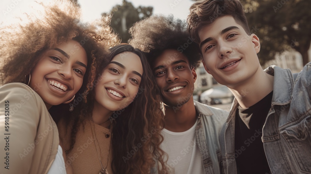 Obraz premium Multicultural Friends Having Fun Taking Selfie with Mobile Phone Outdoors. Generative AI.