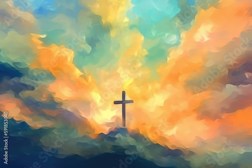 blurry abstract background of Painting in watercolor depicting a conceptual cross or other religious symbol over a sky at sunset with clouds as God, generative AI