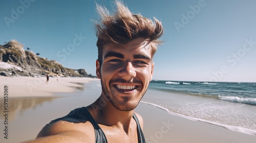 Young man capturing his beach vacation with a selfie. Generative AI.