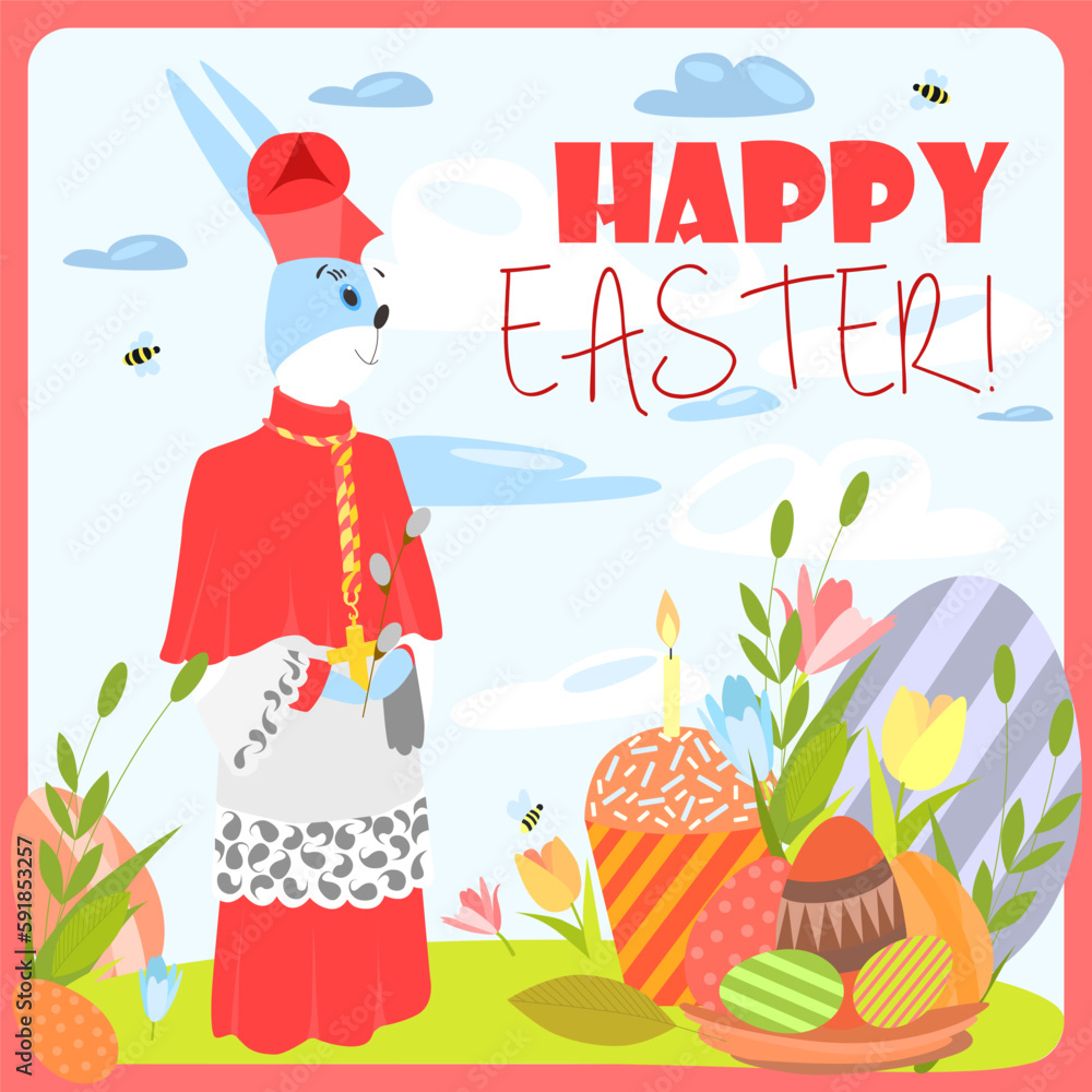 Vector illustration with an Easter bunny on a colored background with clouds and bees, with Easter eggs and a festive bun
