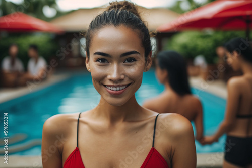 young adult woman multi-ethnic tanned asian looking woman in the swimming pool with a smile. Generative AI © wetzkaz