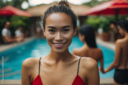 young adult woman multi-ethnic tanned asian looking woman in the swimming pool with a smile. Generative AI © wetzkaz