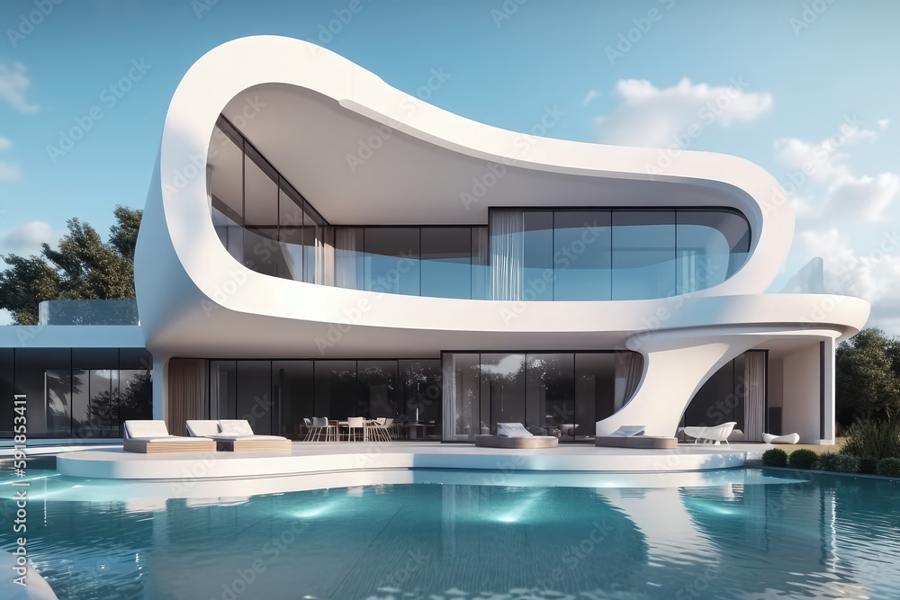 Luxury modern residence building - family villa with a futuristic design, exterior, swimming pool, generative AI