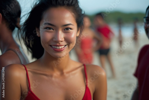 young adult tanned woman on the beach with tourists, fictional place. Generative AI