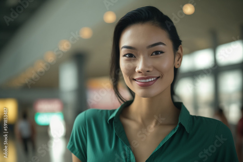 young adult woman multi-ethnic tanned asian looking woman wears a shirt, indoor , with a smile, fictional place. Generative AI