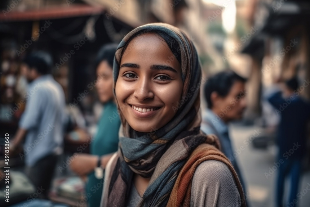 Fototapeta premium young adult woman wearing headscarf in local side street with other local people and tourists. Generative AI