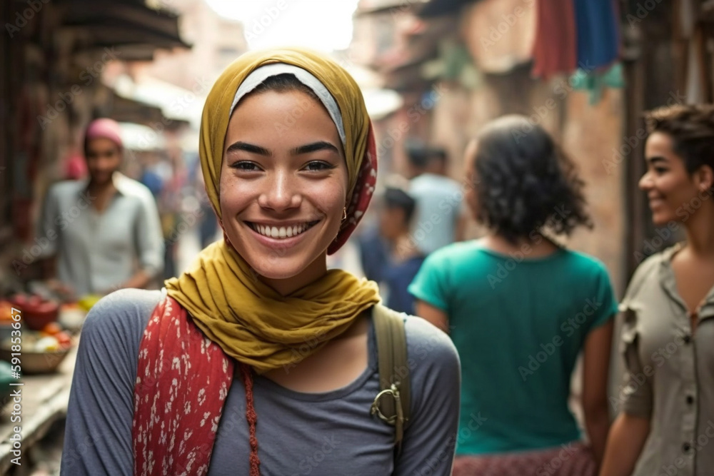 young adult woman wearing headscarf in local side street with other local people and tourists. Generative AI