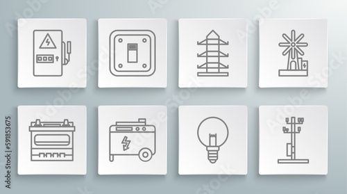 Set line Car battery, Electric light switch, Portable power electric generator, Light bulb, High voltage pole line, Wind turbine and Electrical panel icon. Vector