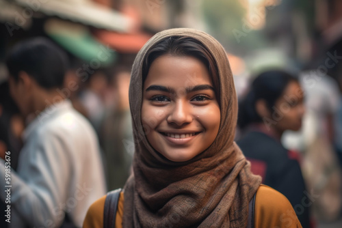 young adult woman wearing headscarf in local side street with other local people and tourists. Generative AI