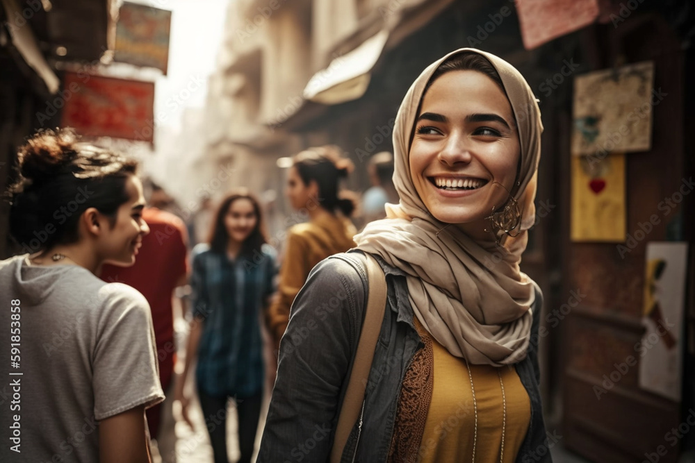 young adult woman wearing headscarf in local side street with other local people and tourists. Generative AI young adult woman wearing headscarf in local side street with other local people and tourists. Generative AI