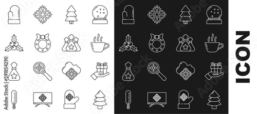 Set line Christmas tree, Gift box in hand, Coffee cup, wreath, Branch viburnum or guelder rose, mitten and Santa Claus bag gift icon. Vector