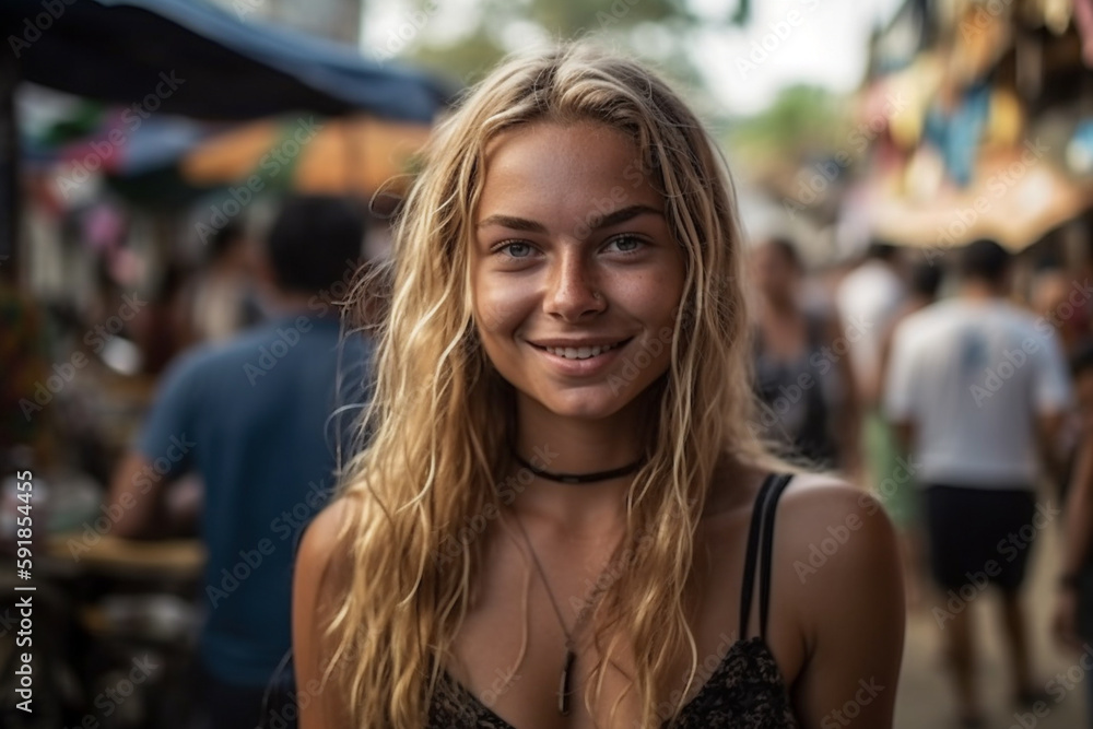 young adult woman with a smile in summery weather in a side street with many other people, vacation or stroll through town, fictitious place. Generative AI