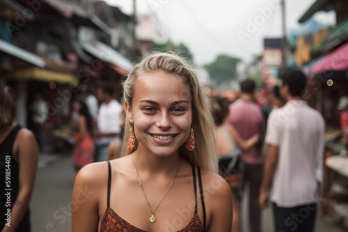 young adult woman with a smile in summery weather in a side street with many other people, vacation or stroll through town, fictitious place. Generative AI