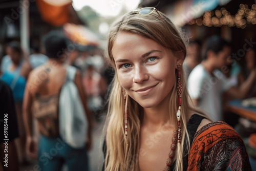 young adult woman with a smile in summery weather in a side street with many other people, vacation or stroll through town, fictitious place. Generative AI © wetzkaz