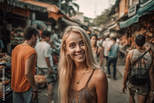 young adult woman with a smile in summery weather in a side street with many other people  vacation or stroll through town  fictitious place. Generative AI