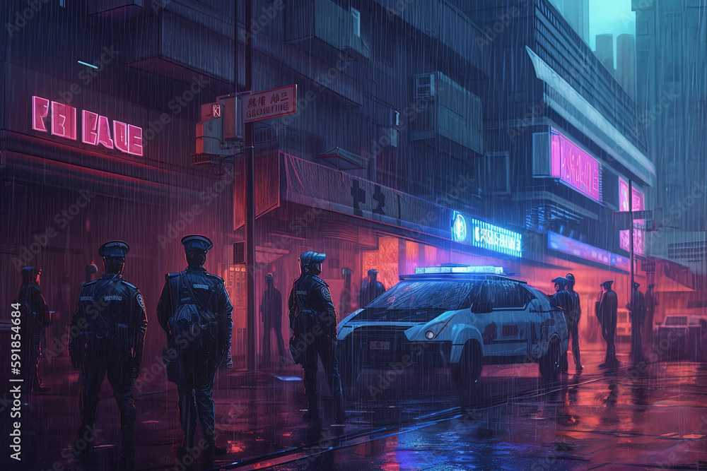Synthwave Riot: Police Confrontation in a Retrofuturistic World, AI Generated