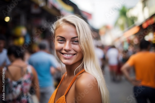 young adult woman with a smile in summery weather in a side street with many other people, vacation or stroll through town, fictitious place. Generative AI © wetzkaz