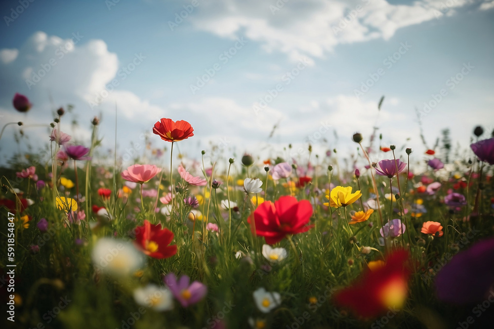 Sunny Field Meadow in Spring with lots of beautiful flowers