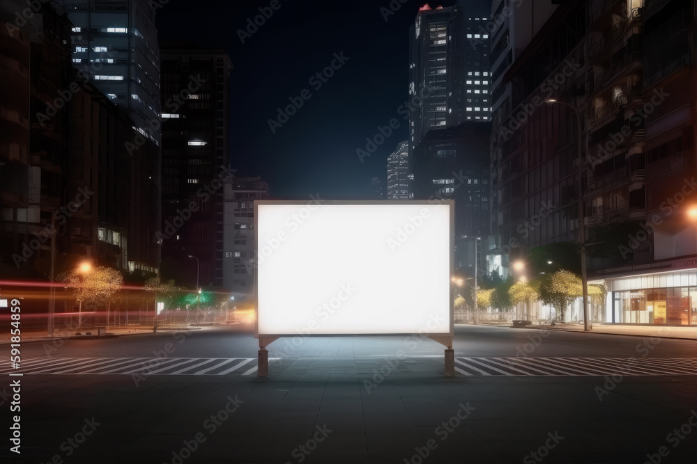 Cartel blanco luminoso vacío en una ciudad moderna. Ilustración de IA Generativa 