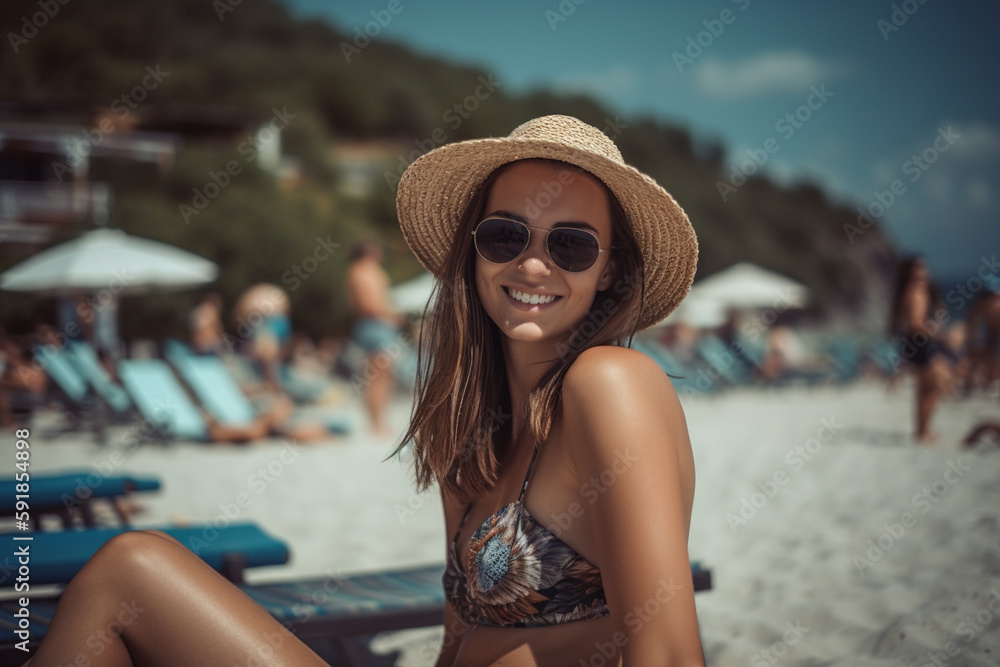 local adult young woman or tanned tourist or local girl on the sandy beach with tourists in the background on a sunny day, fictional place. Generative AI local adult young woman or tanned tourist or local girl on the sandy beach with tourists in the background on a sunny day, fictional place. Generative AI