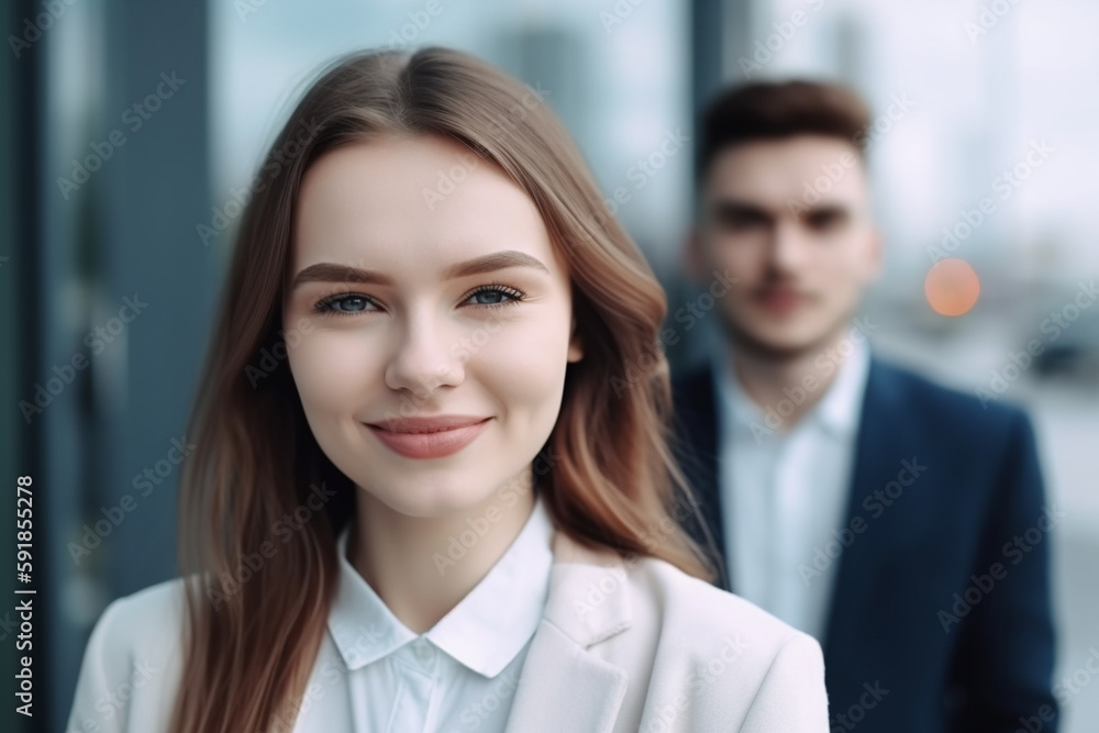 young woman and young adult man smiling, front view close-up. Generative AI young woman and young adult man smiling, front view close-up. Generative AI