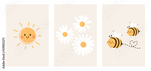 Sun, daisy flower and bee cartoons with heart dot line on ivory color backgrounds vector illustration. Cute childish print.