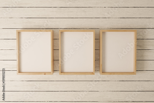set of three wooden frame modern design wooden poster mockups standing on white wall 3D rendering