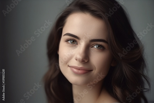 beautiful young adult woman or teenager, brunette close-up portrait, smile and joy. Generative AI