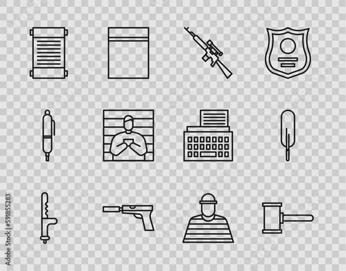 Set line Police rubber baton, Judge gavel, Sniper rifle with scope, Pistol or gun silencer, Decree, paper, parchment, scroll, Suspect criminal, Prisoner and Feather pen icon. Vector