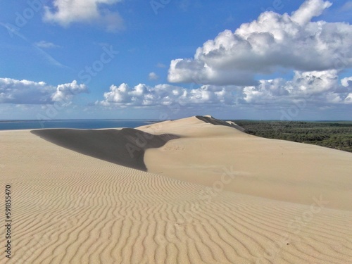 Scenic view of the Great Dune of Pilat against sky, Arcachon Basin, Nouvelle Aquitaine, France.
