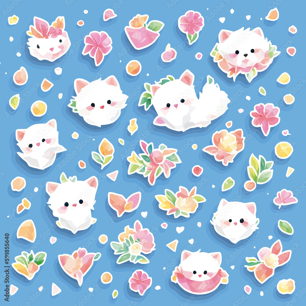 An adorable cute white pomeranian dog flowers illustration v3