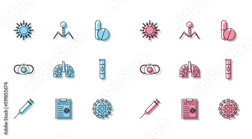 Set line Syringe, Clipboard with blood test results, Virus, cells lung, Blood and virus, Medical protective mask and Bacteria bacteriophage icon. Vector