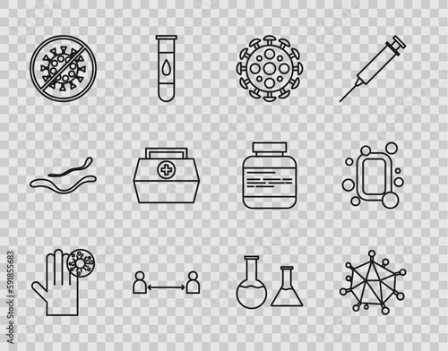 Set line Hand with virus, Virus, Safe distance, Stop, First aid kit, Test tube flask and Bar of soap icon. Vector