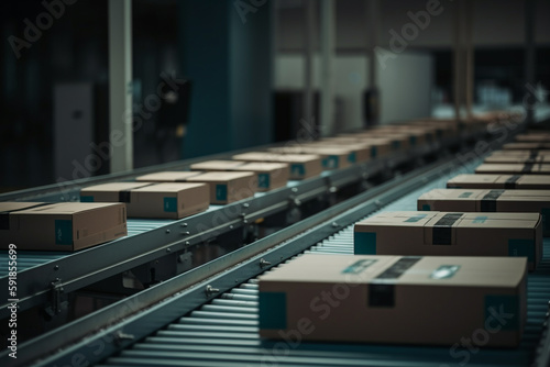 parcels on conveyor belt, concept of autonomous logistics. Generative AI