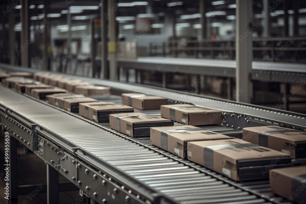 parcels on conveyor belt, concept of autonomous logistics. Generative AI parcels on conveyor belt, concept of autonomous logistics. Generative AI