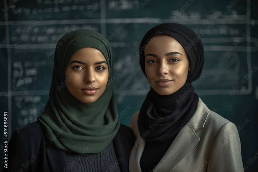 young multi-ethnic women in front of a blackboard in a school or university. Generative AI young multi-ethnic women in front of a blackboard in a school or university. Generative AI