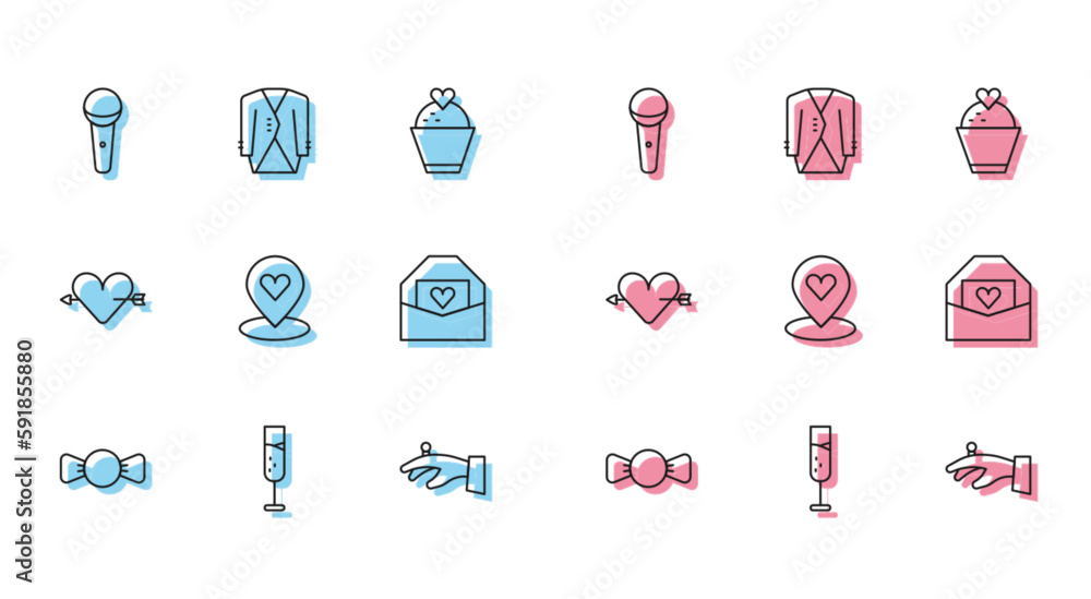 Set line Bow tie, Glass of champagne, Microphone, Wedding rings hand, Location with heart, Envelope Valentine, Amour arrow and Suit icon. Vector Set line Bow tie, Glass of champagne, Microphone, Wedding rings hand, Location with heart, Envelope Valentine, Amour arrow and Suit icon. Vector