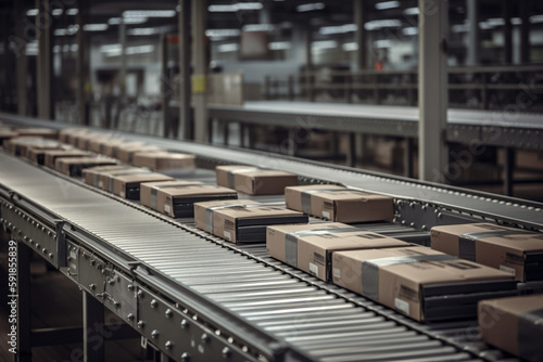 parcels on conveyor belt, concept of autonomous logistics. Generative AI