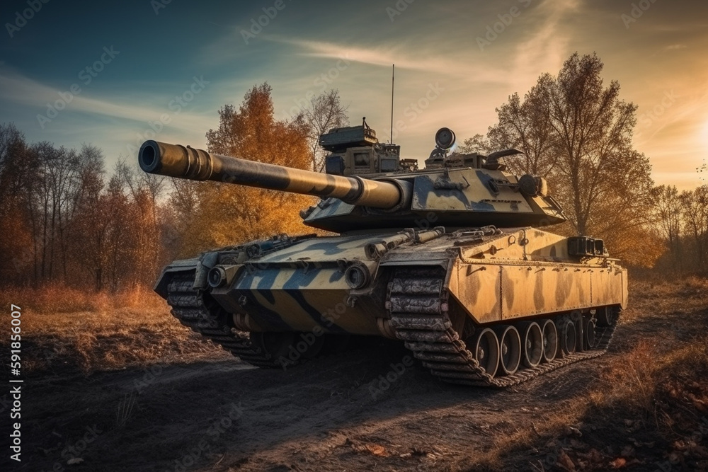 main battle tank of a fictitious military while driving with a large gun. Generative AI main battle tank of a fictitious military while driving with a large gun. Generative AI