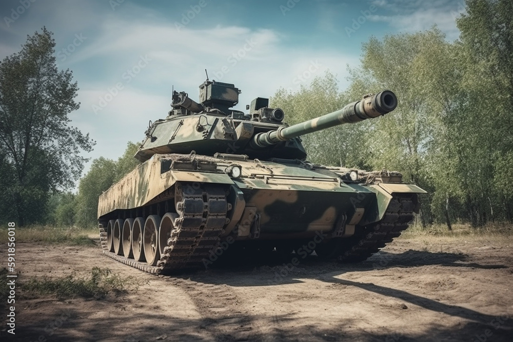 main battle tank of a fictitious military while driving with a large gun. Generative AI main battle tank of a fictitious military while driving with a large gun. Generative AI