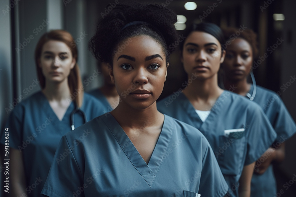 healthcare industry with multiracial female people, women working in a hospital. Generative AI