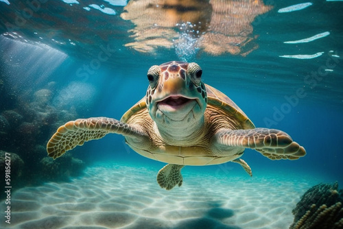 happy sea turtle swimming underwater. Generative AI © wetzkaz