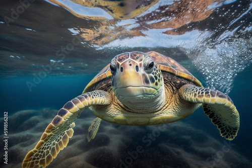 happy sea turtle swimming underwater. Generative AI