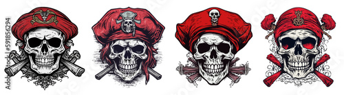Pirate skull, 2d flat color design, red and black ink
