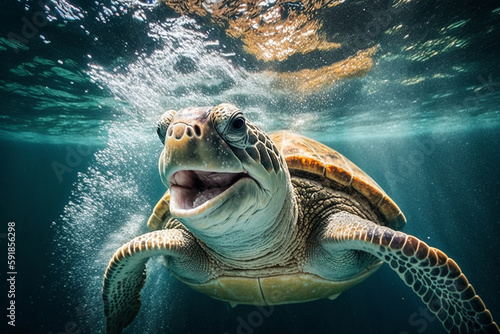 happy sea turtle swimming underwater. Generative AI