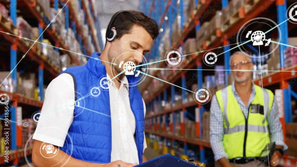 Animation of network of digital icons over two caucasian male supervisors discussing at warehouse Animation of network of digital icons over two caucasian male supervisors discussing at warehouse