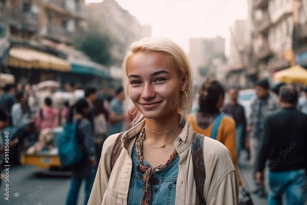 young adult woman or teenager girl outside on a local back street in another country, vacation trip. Generative AI