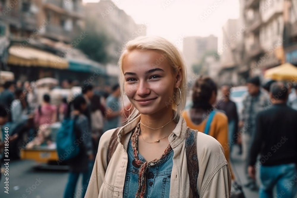 Fototapeta premium young adult woman or teenager girl outside on a local back street in another country, vacation trip. Generative AI