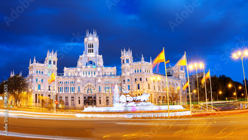 Night view on the square with Cybele Palace in Marid, Spain.